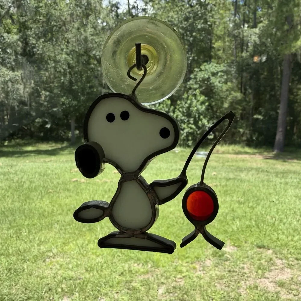Vintage Stained Glass Suncatcher Snoopy Catching A Fish 3” Window Decoration